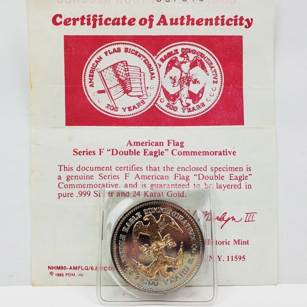 American Flag Double Eagle Silver Dollar Commemorative Coin Series F COA 1985